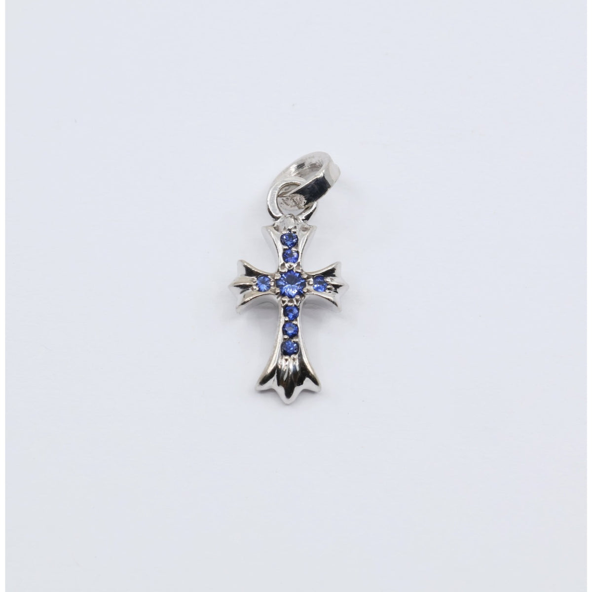 Chrome Hearts 18K White Gold Baby Fat Cross Pave Blue Sapphire Pendant Charm