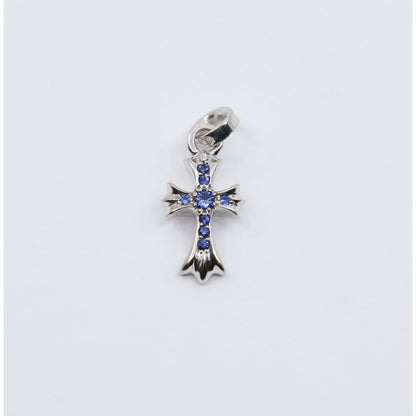 Chrome Hearts 18K White Gold Baby Fat Cross Pave Blue Sapphire Pendant Charm