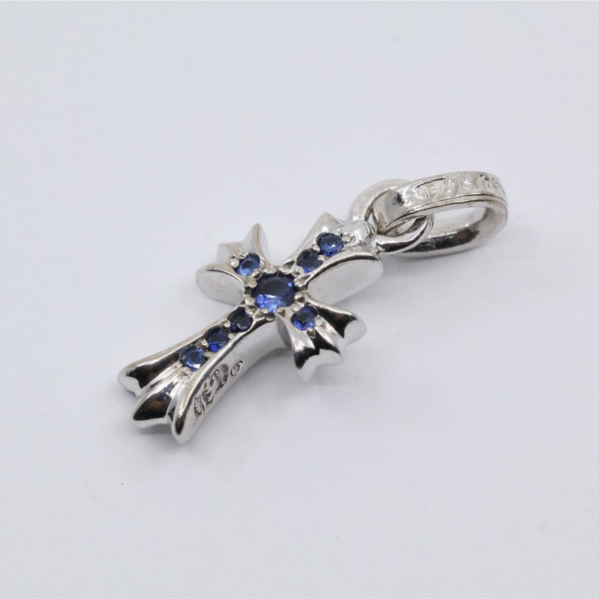 Chrome Hearts 18K White Gold Baby Fat Cross Pave Blue Sapphire Pendant Charm