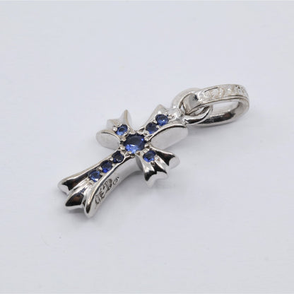 Chrome Hearts 18K White Gold Baby Fat Cross Pave Blue Sapphire Pendant Charm