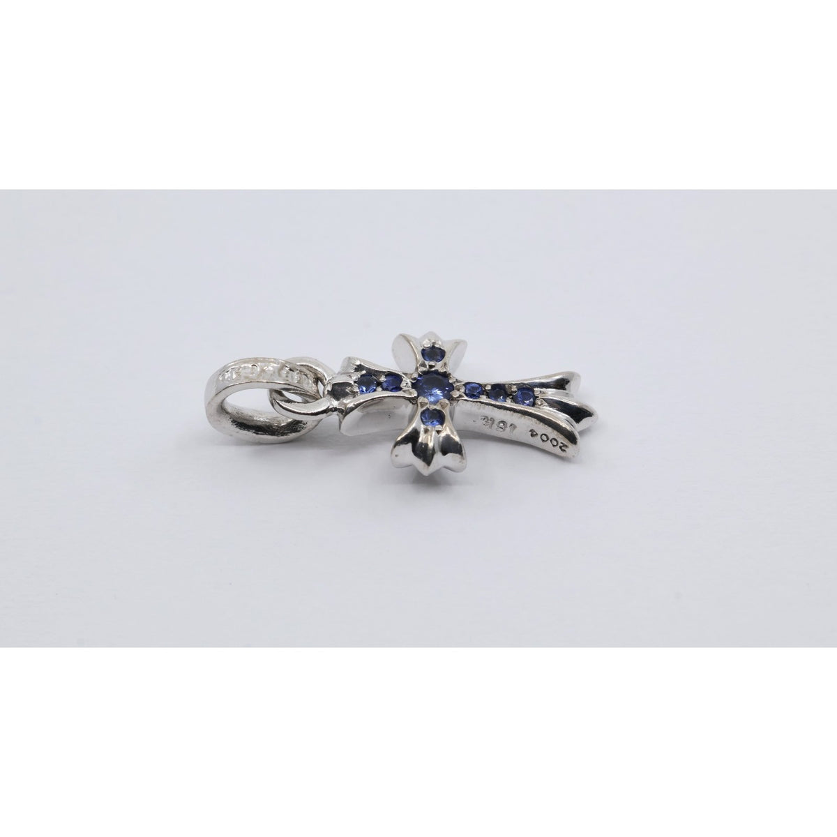 Chrome Hearts 18K White Gold Baby Fat Cross Pave Blue Sapphire Pendant Charm