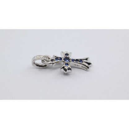 Chrome Hearts 18K White Gold Baby Fat Cross Pave Blue Sapphire Pendant Charm