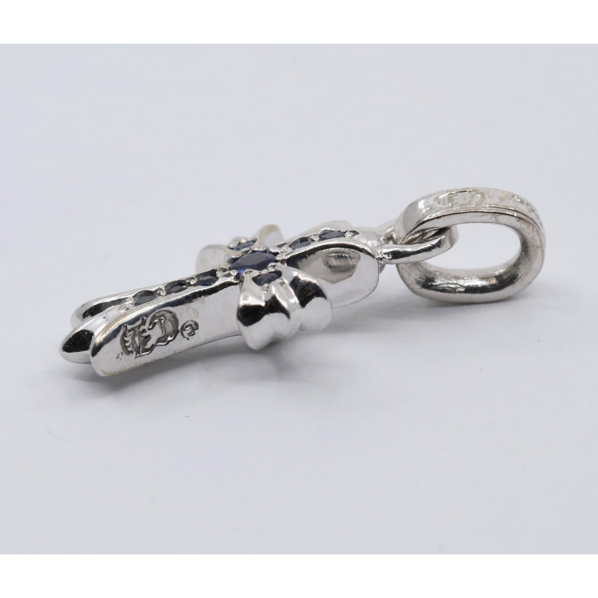 Chrome Hearts 18K White Gold Baby Fat Cross Pave Blue Sapphire Pendant Charm