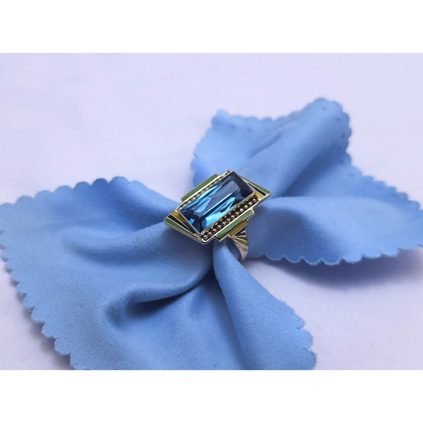 14K White Gold London Blue Topaz Enamel Ring