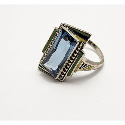 14K White Gold London Blue Topaz Enamel Ring