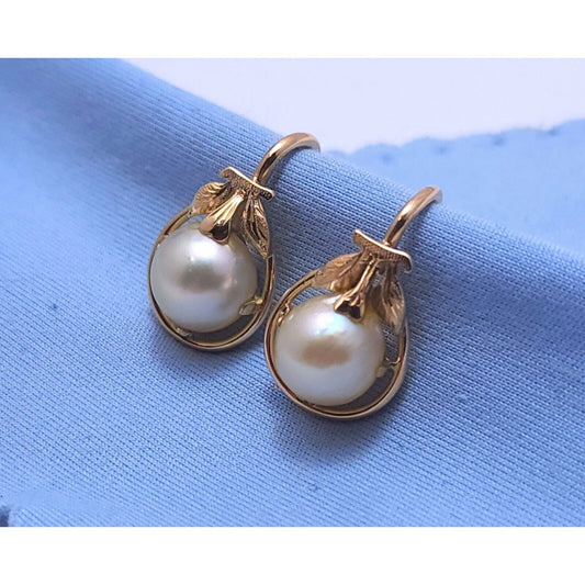 14K Yellow Gold Hinged Screw Back Non-Pierced Round Pearl Earrings