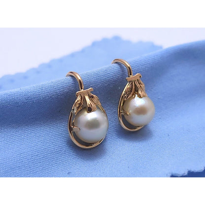 14K Yellow Gold Hinged Screw Back Non-Pierced Round Pearl Earrings