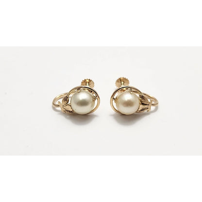 14K Yellow Gold Hinged Screw Back Non-Pierced Round Pearl Earrings