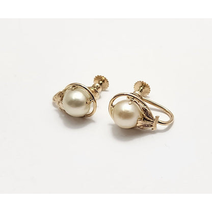 14K Yellow Gold Hinged Screw Back Non-Pierced Round Pearl Earrings