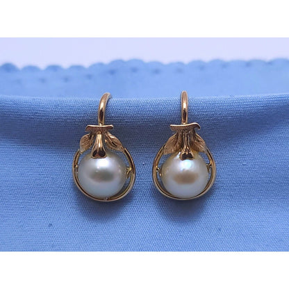 14K Yellow Gold Hinged Screw Back Non-Pierced Round Pearl Earrings