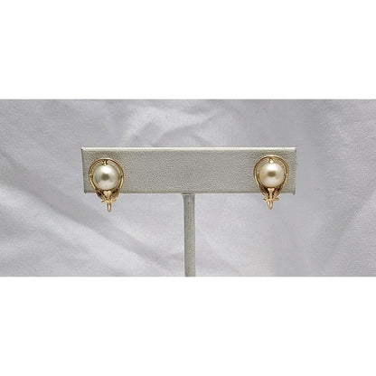 14K Yellow Gold Hinged Screw Back Non-Pierced Round Pearl Earrings