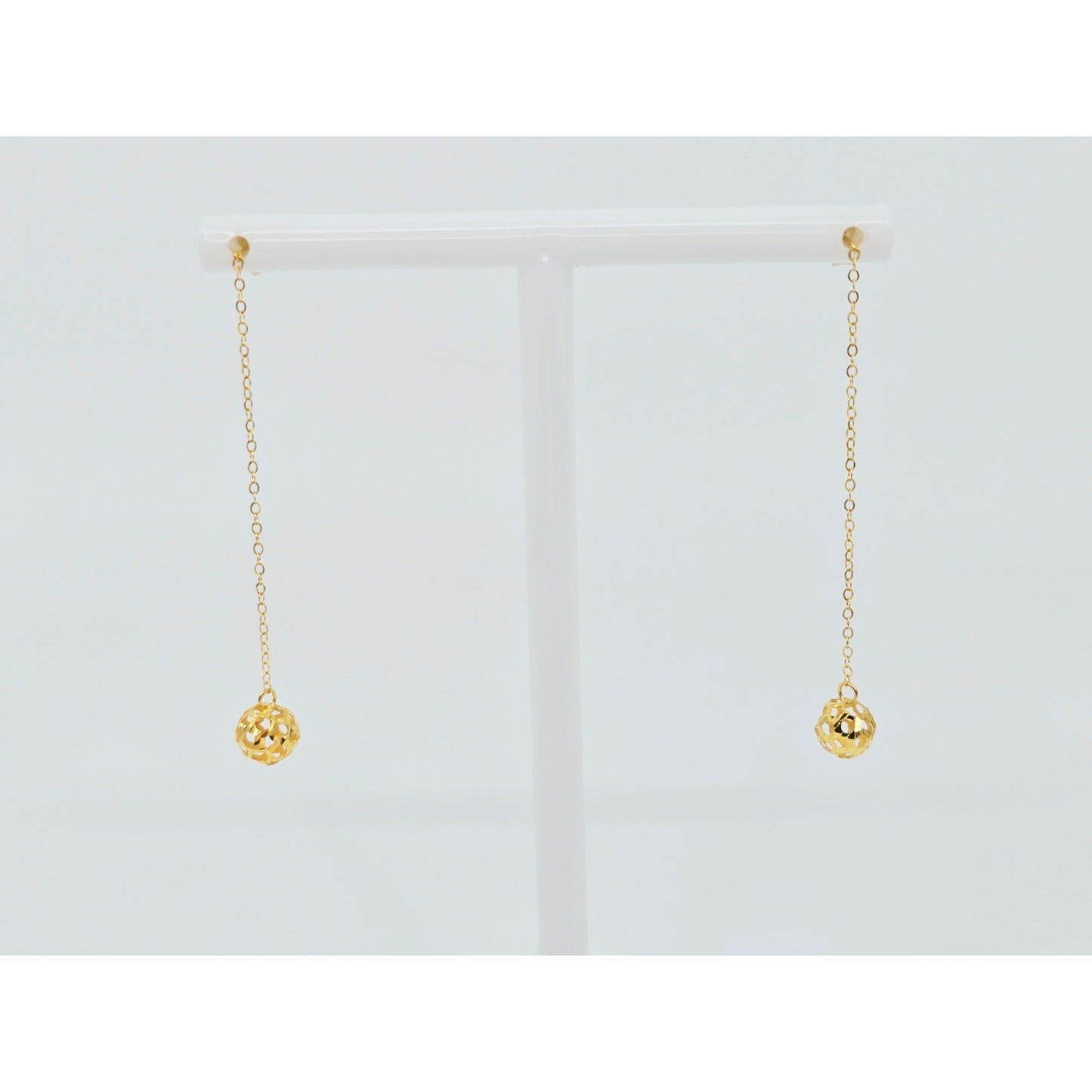 18K Yellow Gold Diamond Cut Drop Dangle Bead Ball Stud Earrings