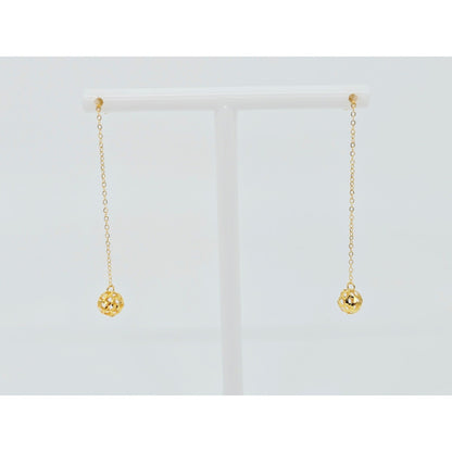 18K Yellow Gold Diamond Cut Drop Dangle Bead Ball Stud Earrings