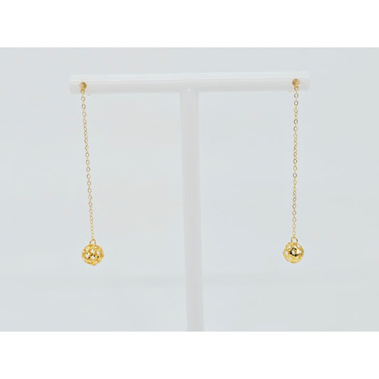 18K Yellow Gold Diamond Cut Drop Dangle Bead Ball Stud Earrings
