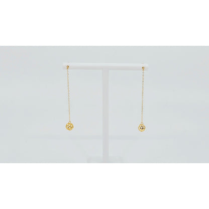 18K Yellow Gold Diamond Cut Drop Dangle Bead Ball Stud Earrings