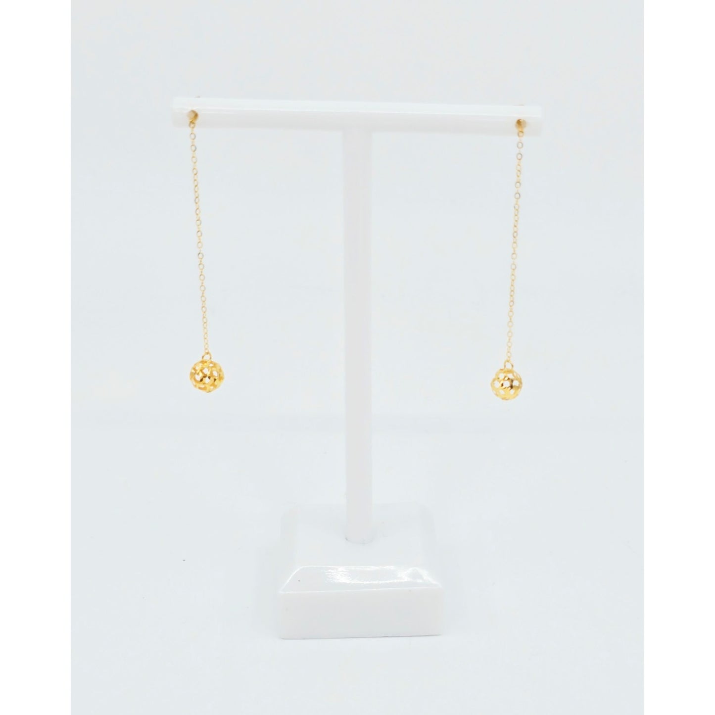 18K Yellow Gold Diamond Cut Drop Dangle Bead Ball Stud Earrings