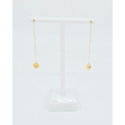 18K Yellow Gold Diamond Cut Drop Dangle Bead Ball Stud Earrings