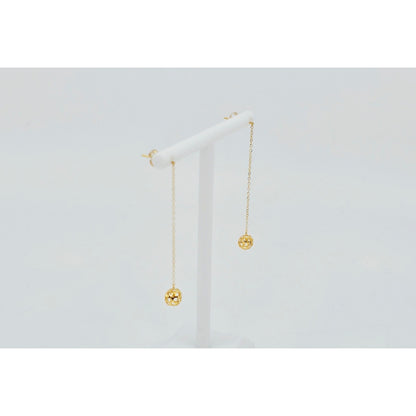 18K Yellow Gold Diamond Cut Drop Dangle Bead Ball Stud Earrings
