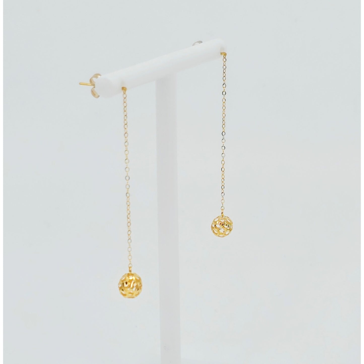 18K Yellow Gold Diamond Cut Drop Dangle Bead Ball Stud Earrings