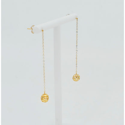 18K Yellow Gold Diamond Cut Drop Dangle Bead Ball Stud Earrings