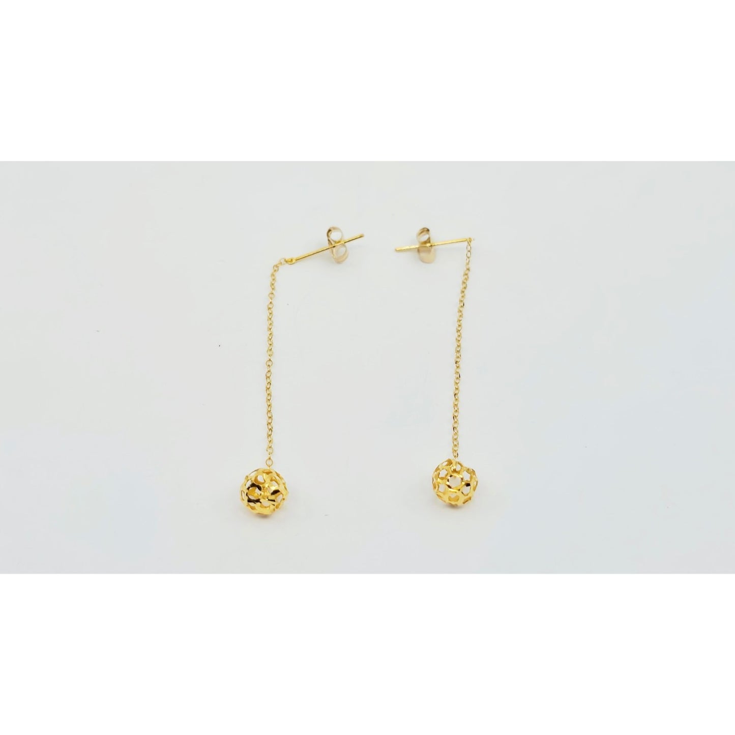 18K Yellow Gold Diamond Cut Drop Dangle Bead Ball Stud Earrings