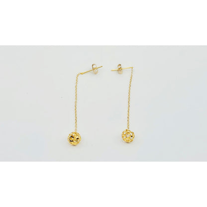 18K Yellow Gold Diamond Cut Drop Dangle Bead Ball Stud Earrings