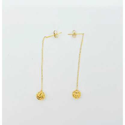 18K Yellow Gold Diamond Cut Drop Dangle Bead Ball Stud Earrings