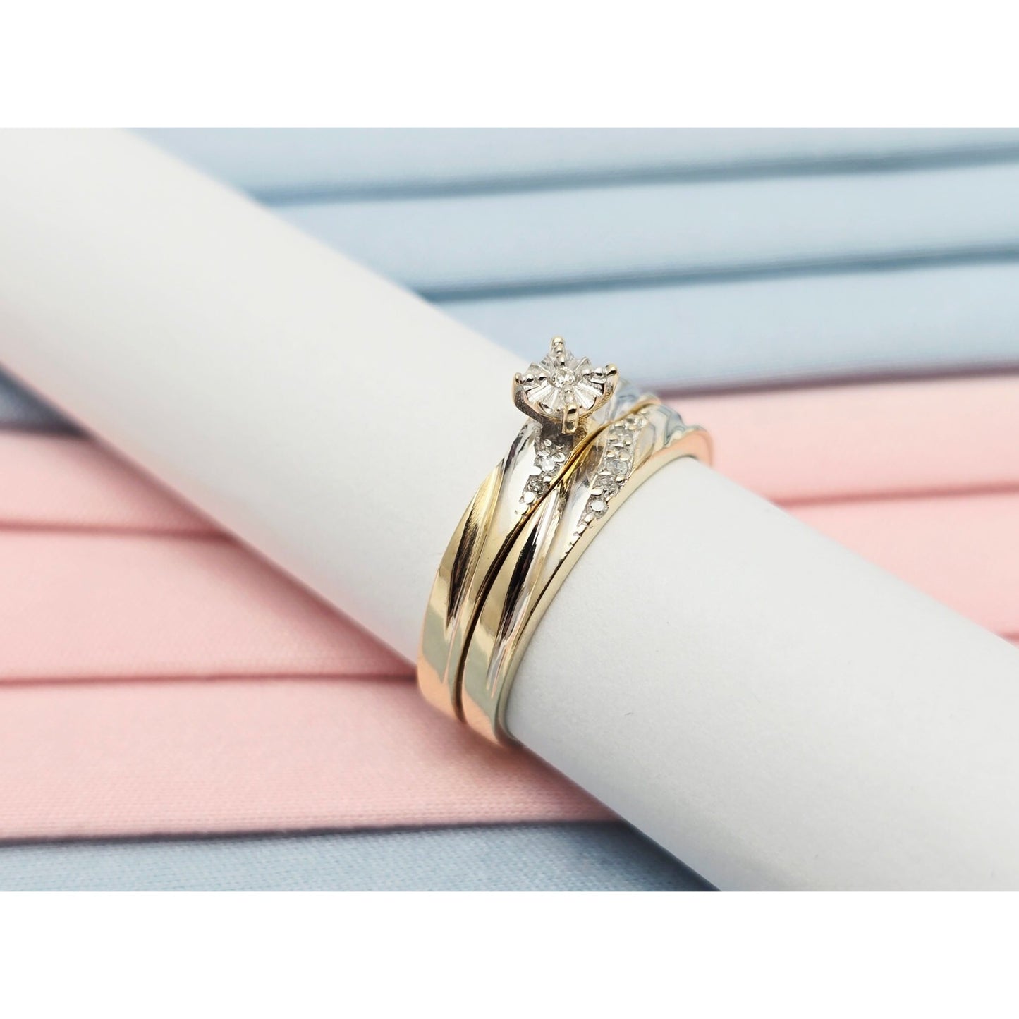 14K Two Tone Gold Ladies Wedding Solitaire Diamond Ring & Band Set