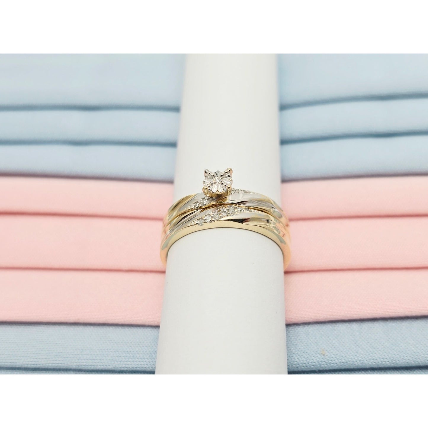 14K Two Tone Gold Ladies Wedding Solitaire Diamond Ring & Band Set