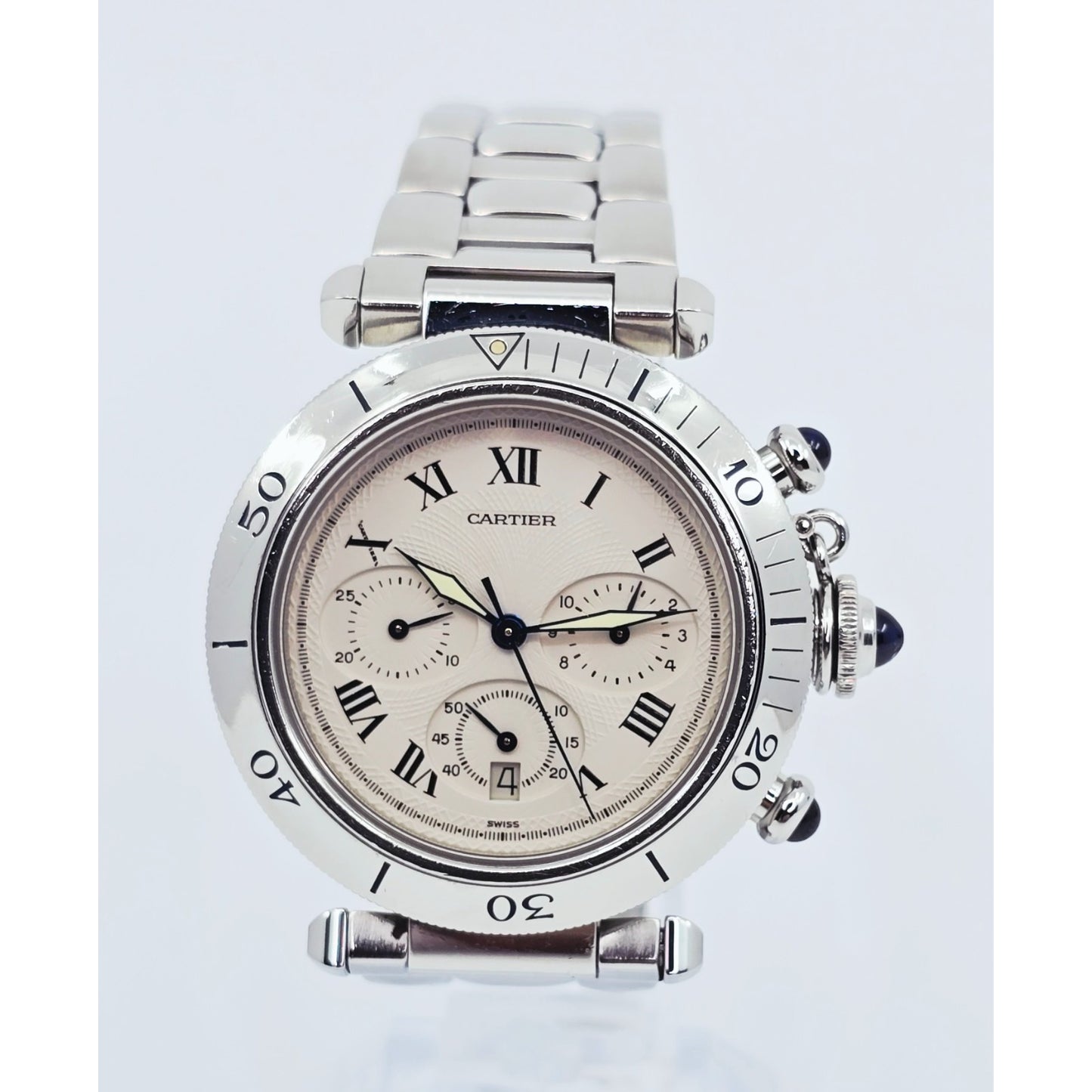 Cartier Pasha De Cartier Chronograph Quartz 38mm Stainless Steel Watch Ref 1050