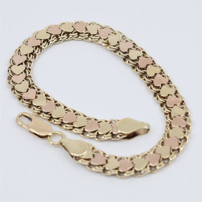14K Two Tone Gold Flat Wide Bismark Link Heart Bracelet
