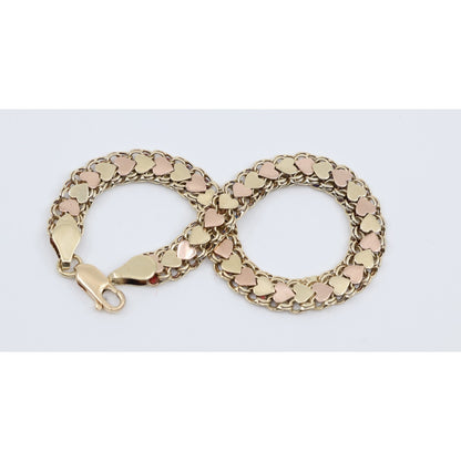 14K Two Tone Gold Flat Wide Bismark Link Heart Bracelet