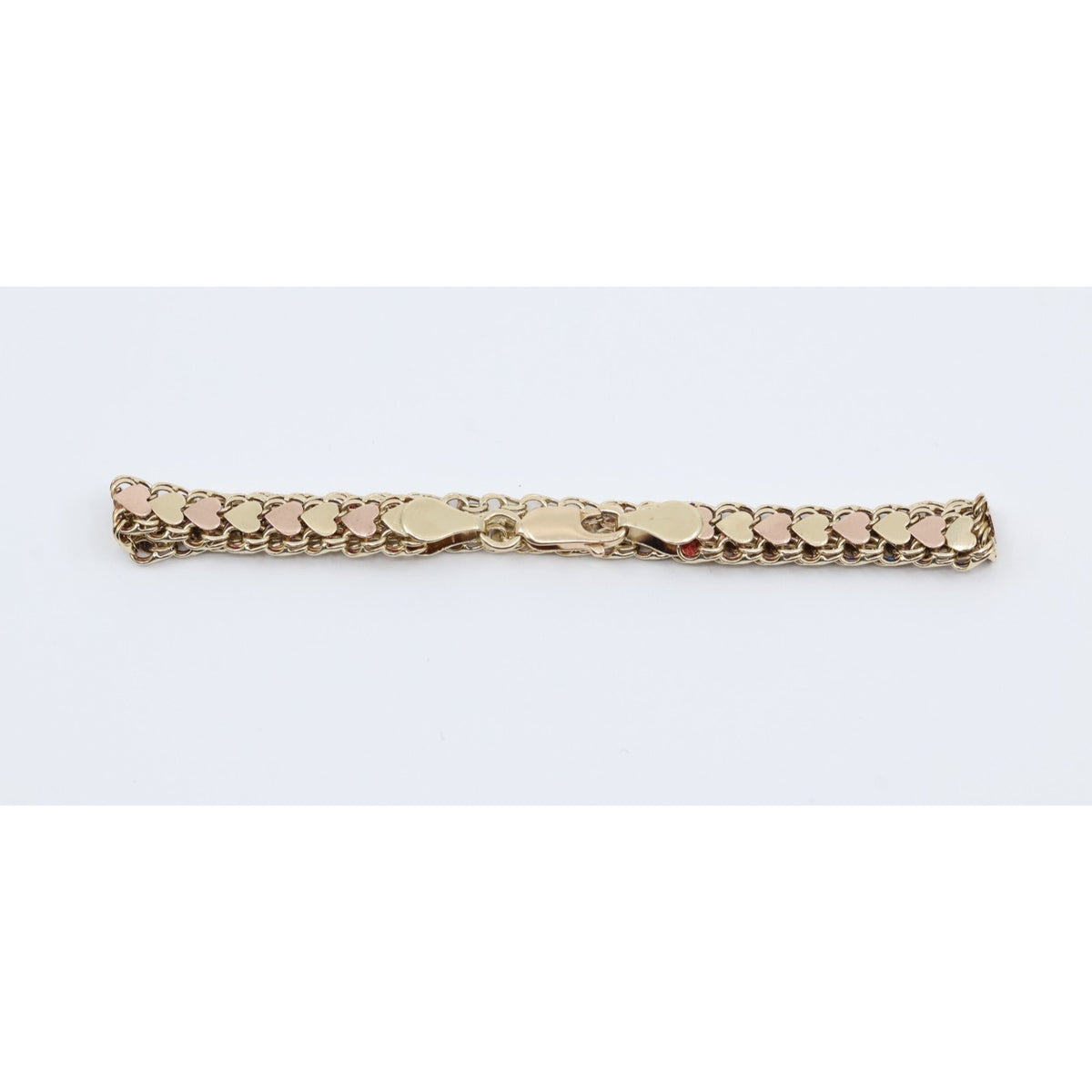 14K Two Tone Gold Flat Wide Bismark Link Heart Bracelet