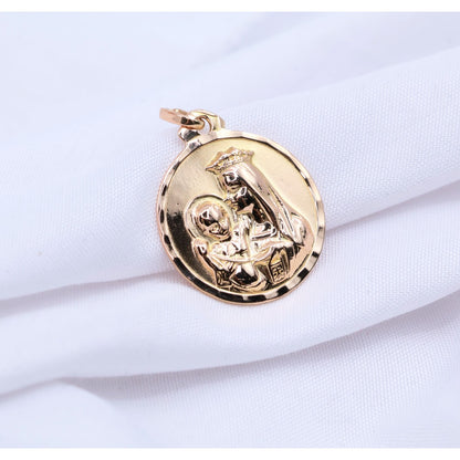 18K Yellow Gold Two Sided Round Saint Mary Charm & Jesus Head Charm Pendant