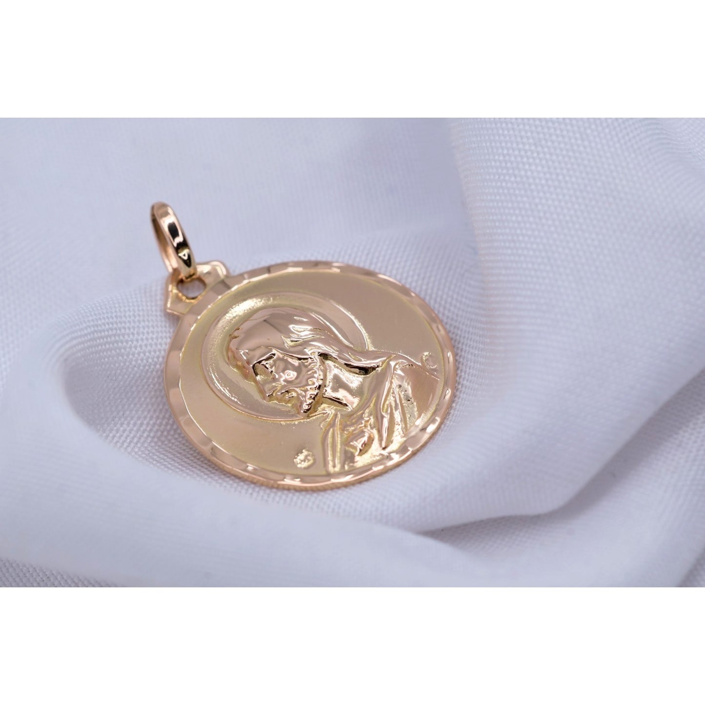 18K Yellow Gold Two Sided Round Saint Mary Charm & Jesus Head Charm Pendant