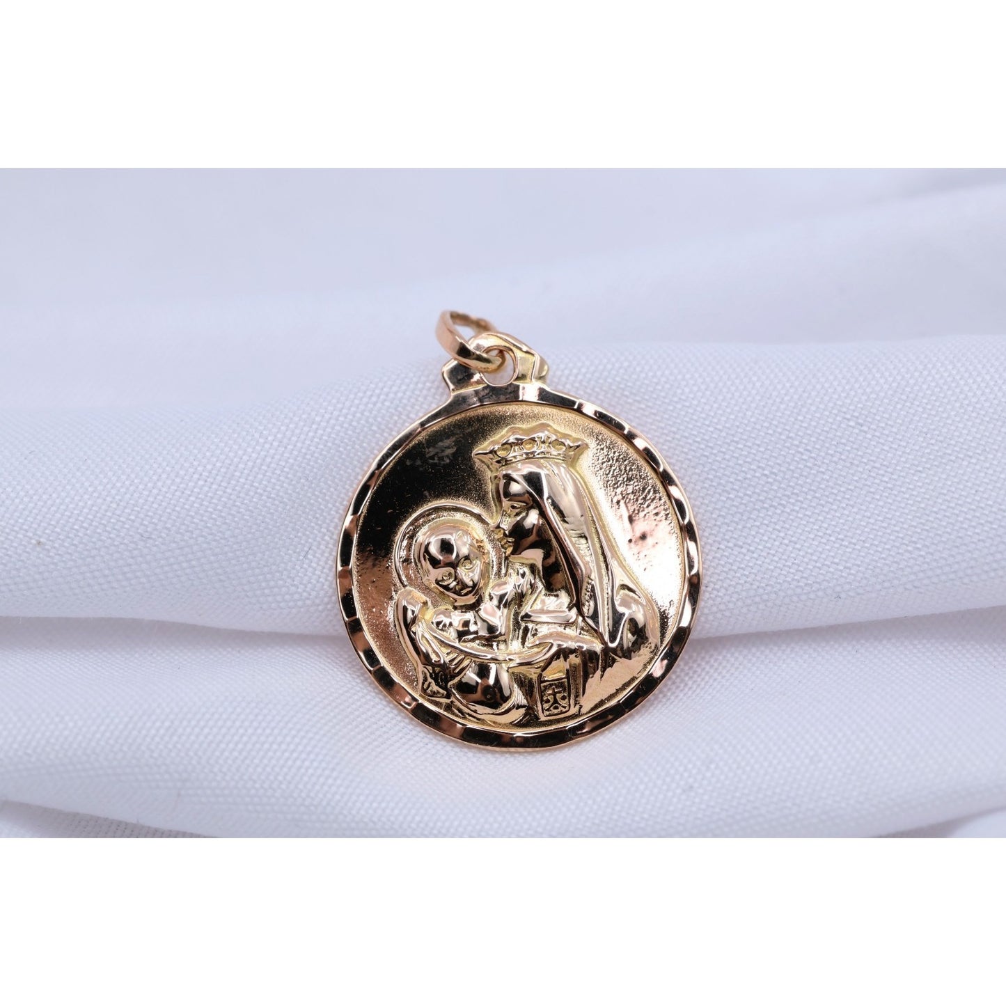 18K Yellow Gold Two Sided Round Saint Mary Charm & Jesus Head Charm Pendant