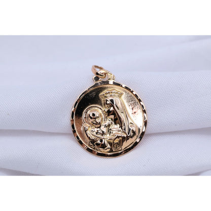 18K Yellow Gold Two Sided Round Saint Mary Charm & Jesus Head Charm Pendant