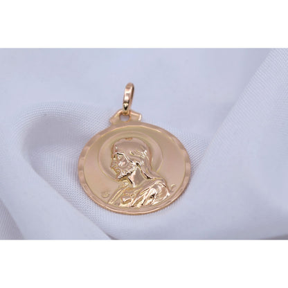 18K Yellow Gold Two Sided Round Saint Mary Charm & Jesus Head Charm Pendant