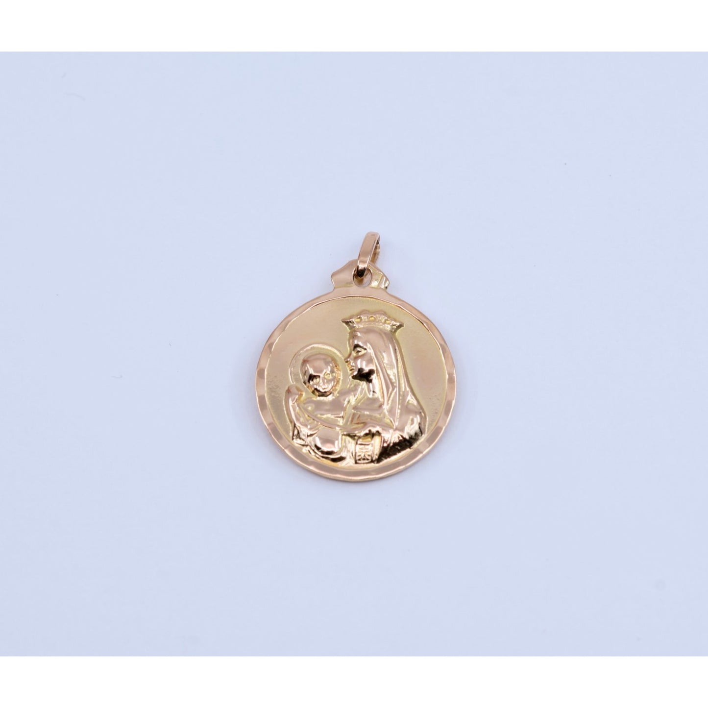 18K Yellow Gold Two Sided Round Saint Mary Charm & Jesus Head Charm Pendant