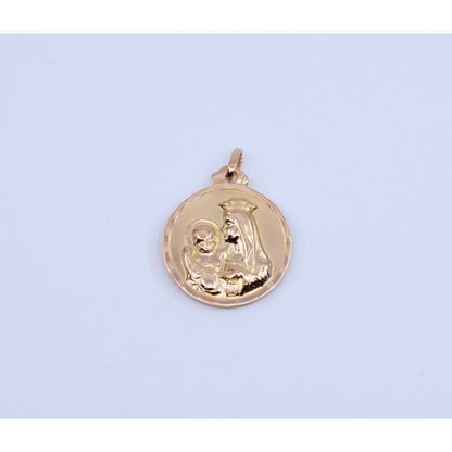 18K Yellow Gold Two Sided Round Saint Mary Charm & Jesus Head Charm Pendant