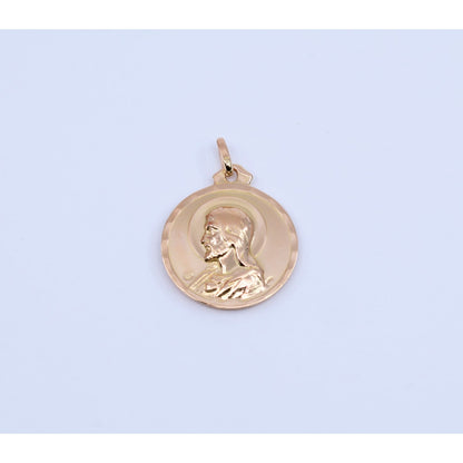 18K Yellow Gold Two Sided Round Saint Mary Charm & Jesus Head Charm Pendant