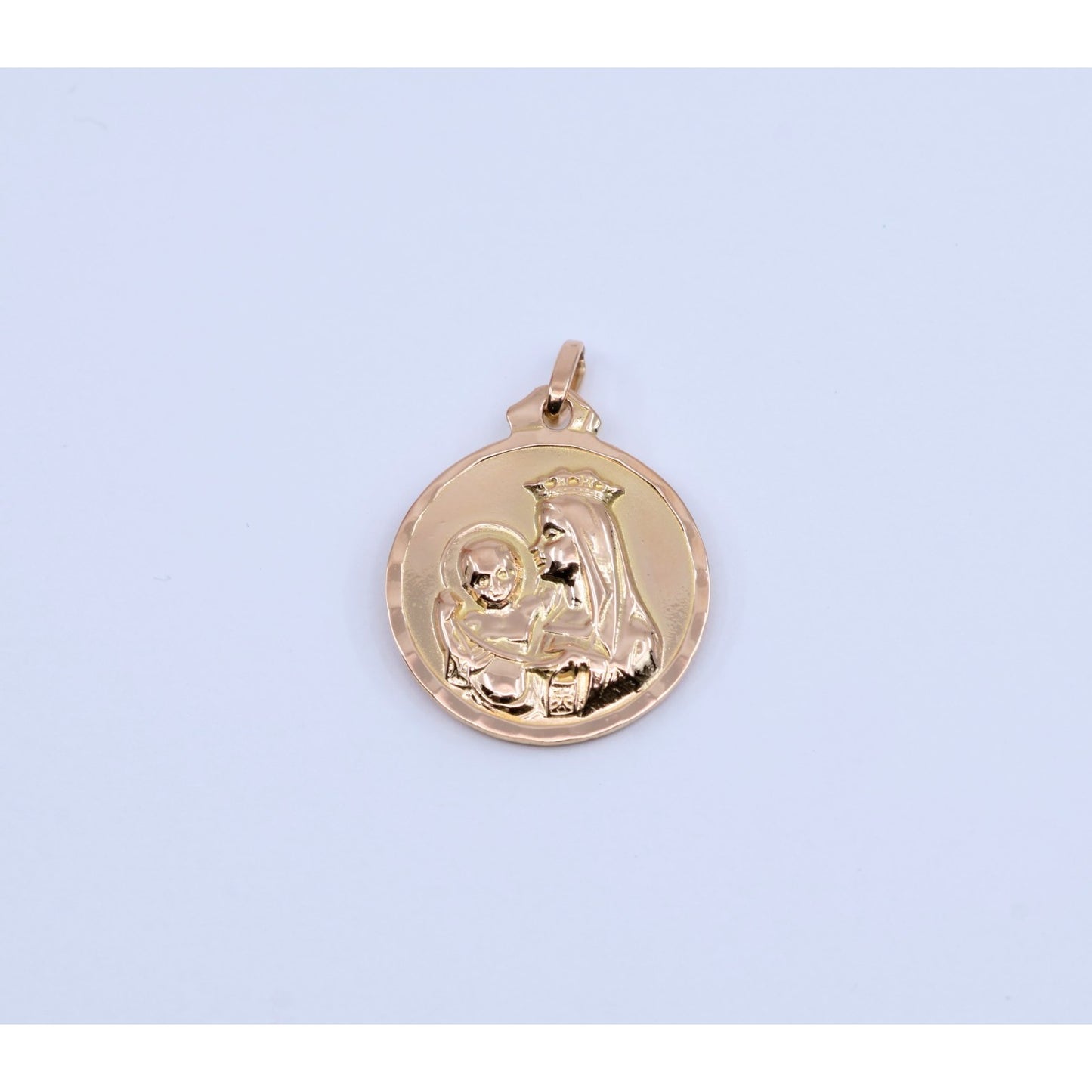 18K Yellow Gold Two Sided Round Saint Mary Charm & Jesus Head Charm Pendant