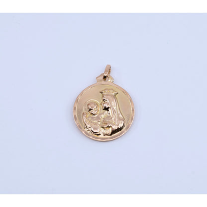 18K Yellow Gold Two Sided Round Saint Mary Charm & Jesus Head Charm Pendant