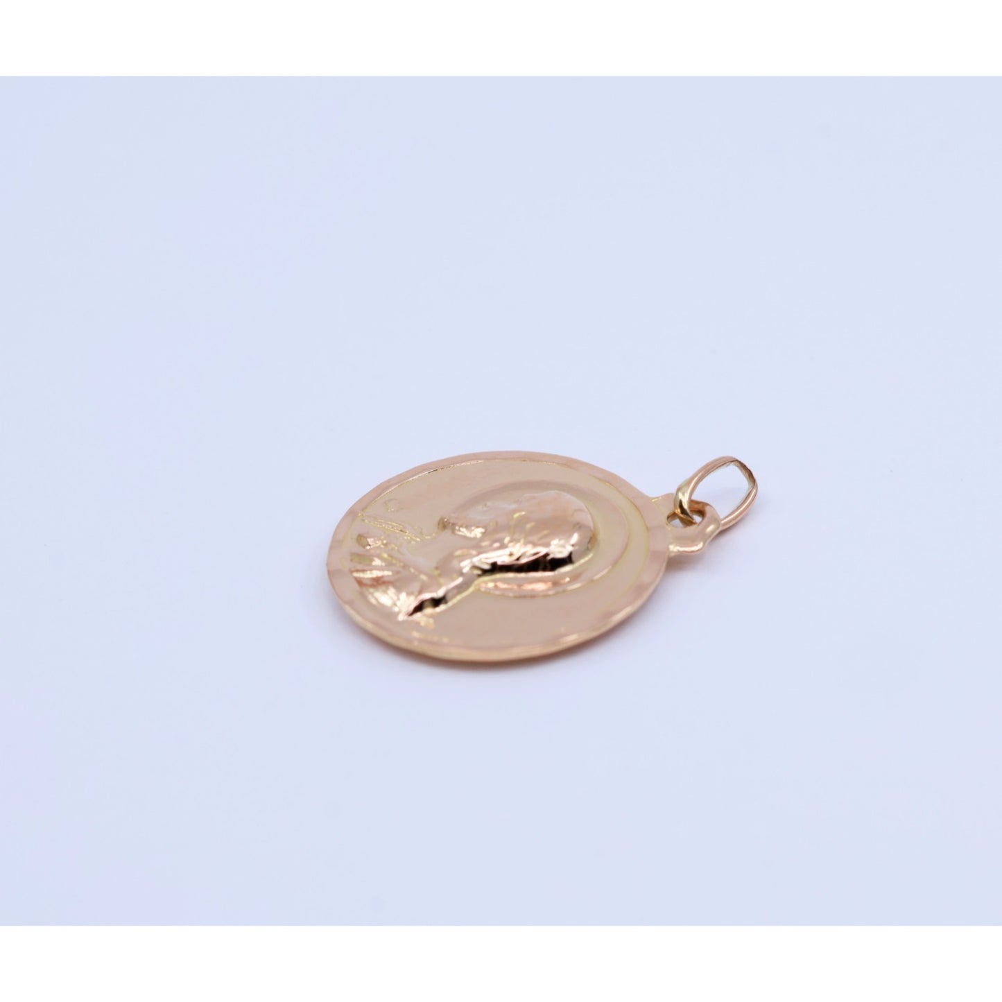 18K Yellow Gold Two Sided Round Saint Mary Charm & Jesus Head Charm Pendant