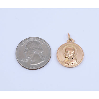 18K Yellow Gold Two Sided Round Saint Mary Charm & Jesus Head Charm Pendant