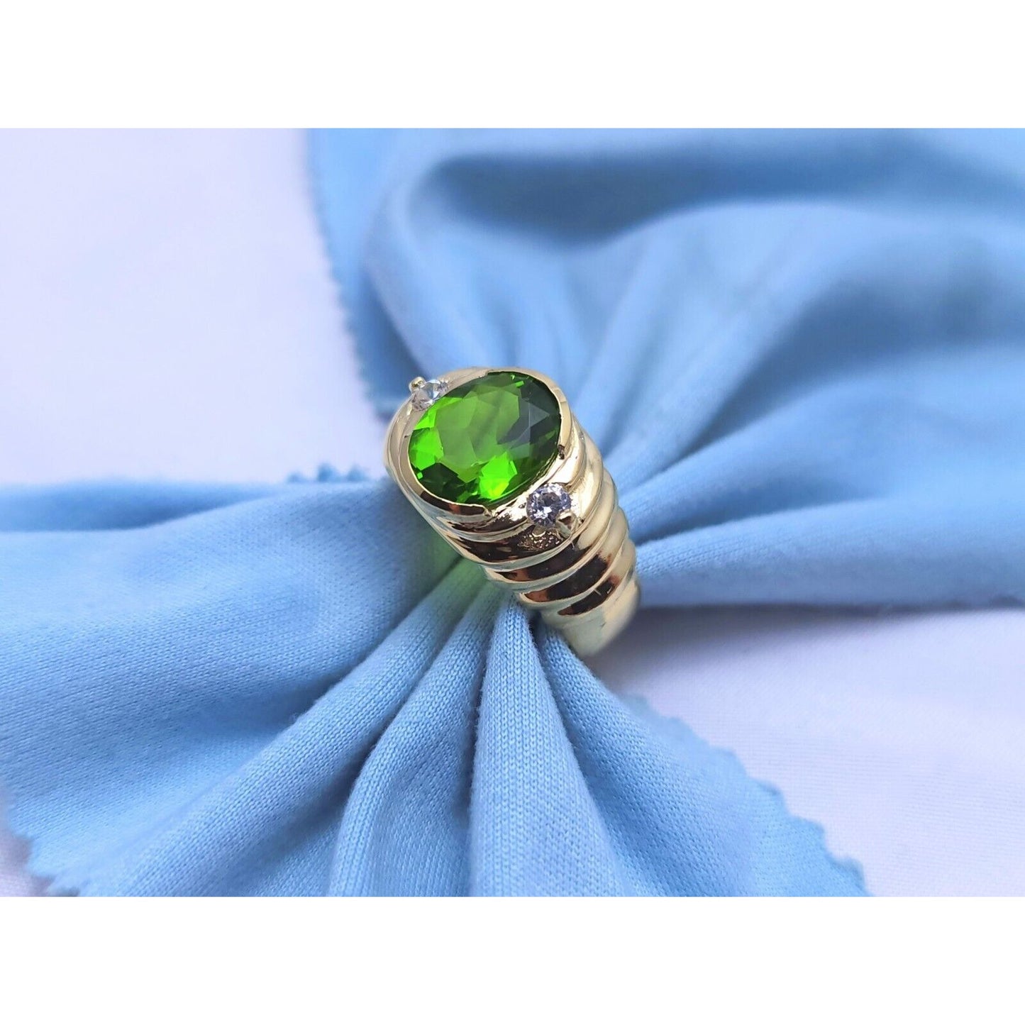 14K Yellow Gold Oval Peridot & Cubic Zirconia Ring