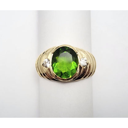 14K Yellow Gold Oval Peridot & Cubic Zirconia Ring