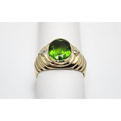 14K Yellow Gold Oval Peridot & Cubic Zirconia Ring