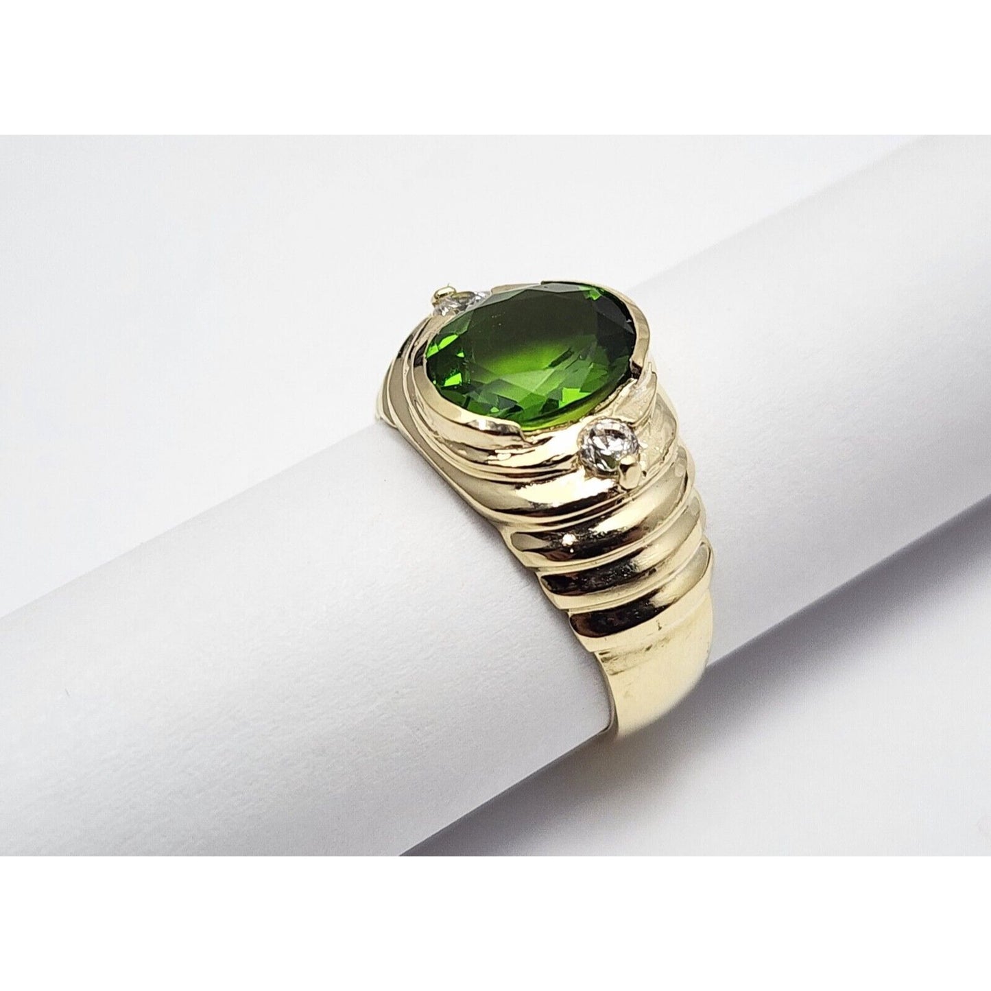 14K Yellow Gold Oval Peridot & Cubic Zirconia Ring