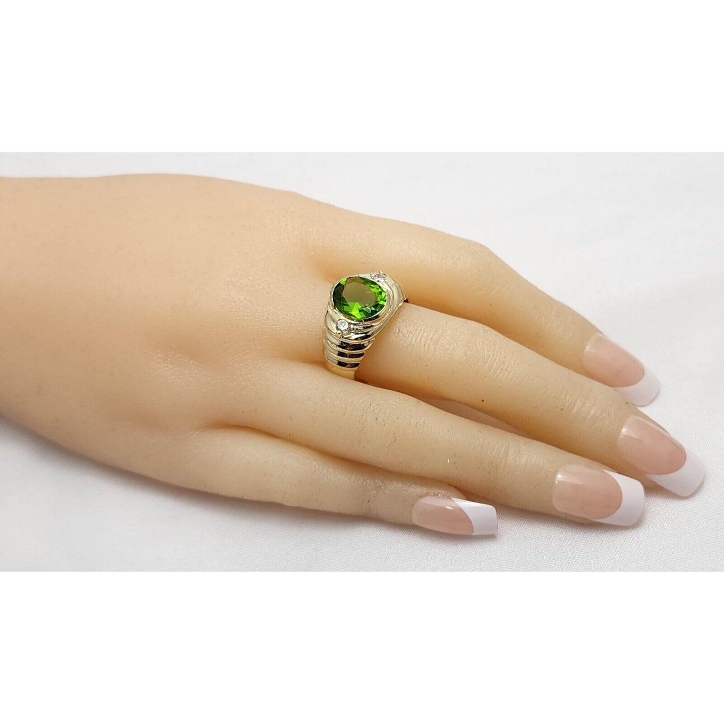 14K Yellow Gold Oval Peridot & Cubic Zirconia Ring